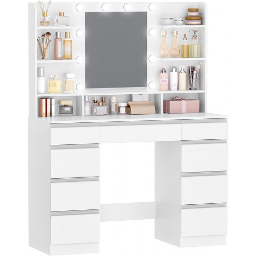 108 cm Tocador con 10 Globos de Luz LED, 3 Colores, Brillo Ajustable, Espejo HD Grande, 1 Cajón Grande y 8 Cajones Pequeños,Blanca-Plata