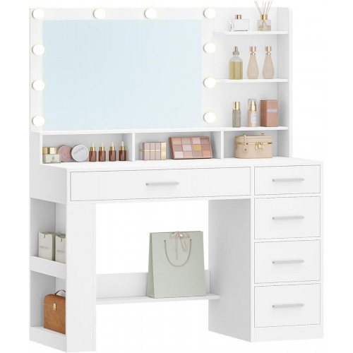108 cm Tocador con Espejo HD Grande, tocador de Maquillaje con luz LED, 6 Compartimentos Abiertos