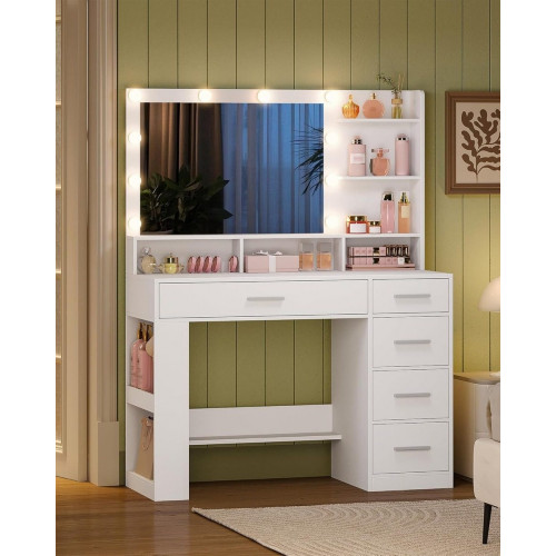 108 cm Tocador con Espejo HD Grande, tocador de Maquillaje con luz LED, 6 Compartimentos Abiertos