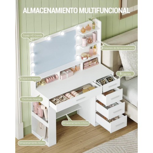 108 cm Tocador con Espejo HD Grande, tocador de Maquillaje con luz LED, 6 Compartimentos Abiertos