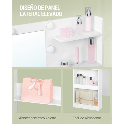 108 cm Tocador con Espejo HD Grande, tocador de Maquillaje con luz LED, 6 Compartimentos Abiertos