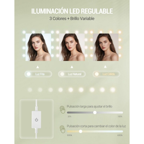 108 cm Tocador con Espejo HD Grande, tocador de Maquillaje con luz LED, 6 Compartimentos Abiertos