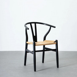 4 sillas de comedor Ming de madera de olmo negro con asiento de cuerda