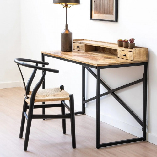 4 sillas de comedor Ming de madera de olmo negro con asiento de cuerda