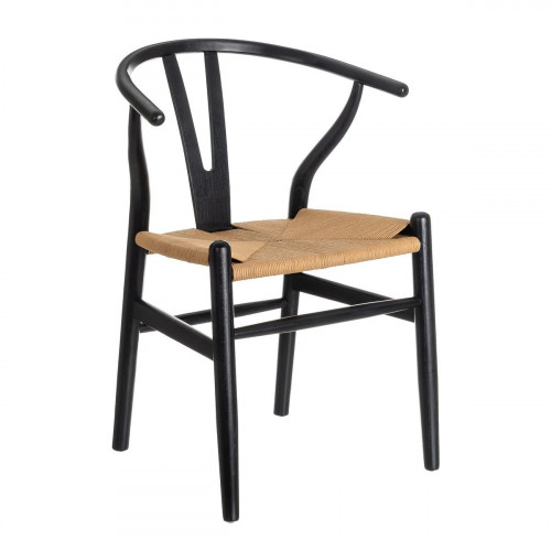 4 sillas de comedor Ming de madera de olmo negro con asiento de cuerda