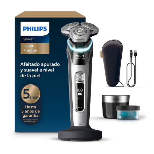 Afeitadora eléctrica Philips i9000 Prestige, máquina de afeitar hombre en seco y mojado, base de carga, estuche de viaje, centro de limpieza