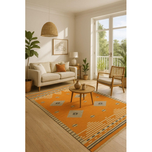 Alfombra lana Kilim Azteca 230x160cm tejido plano TAKOR NUEVO ORIENTE geométrico naranja