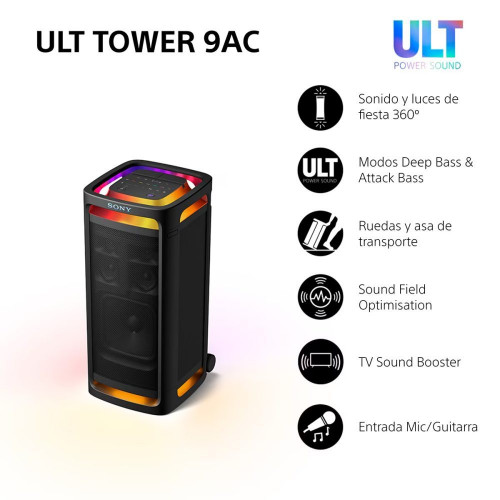 Altavoz Bluetooth para fiestas Sony ULT TOWER 9AC, 2xULT POWER SOUND, altavoz X-Balanced, iluminación y sonido 360, entradas karaoke Negro