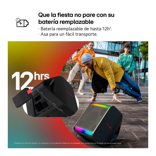 Altavoz gran potencia LG xboom Stage 301, 120W, Bluetooth 5.3 Miracast, hasta 12h batería intercambiable, karaoke, luces LED, para fiestas Negro