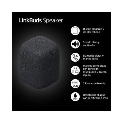 Altavoz portátil inalámbrico Sony LinkBuds, Bluetooth, resistente al agua IPX4, 12h de batería, llamadas nítidas, exteriores, viajes, Negro Negro