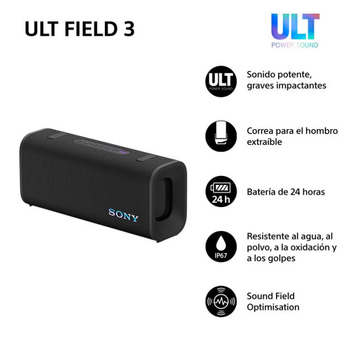 Altavoz portátil Sony ULT FIELD 3 con ULT POWER SOUND, IP 67, resistente al agua, polvo y golpes, 24 horas de batería, correa desmontable Negro