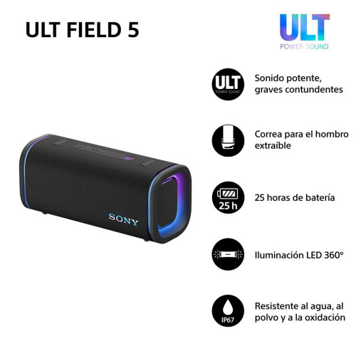 Altavoz portátil Sony ULT FIELD 5 con ULT POWER SOUND, IP67, resistente al agua, polvo y golpes, 25 horas de batería, luces 360, correa desmontable Negro