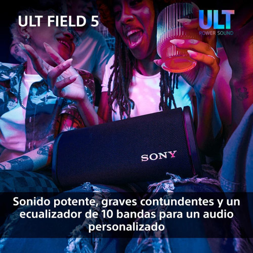 Altavoz portátil Sony ULT FIELD 5 con ULT POWER SOUND, IP67, resistente al agua, polvo y golpes, 25 horas de batería, luces 360, correa desmontable Negro