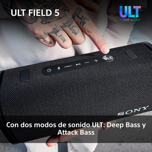 Altavoz portátil Sony ULT FIELD 5 con ULT POWER SOUND, IP67, resistente al agua, polvo y golpes, 25 horas de batería, luces 360, correa desmontable Negro