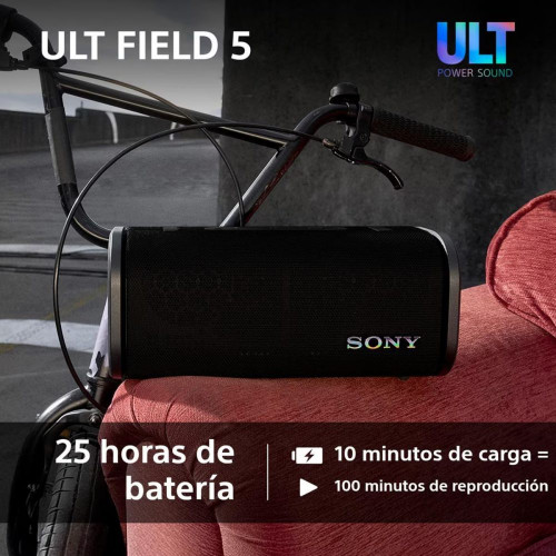 Altavoz portátil Sony ULT FIELD 5 con ULT POWER SOUND, IP67, resistente al agua, polvo y golpes, 25 horas de batería, luces 360, correa desmontable Negro
