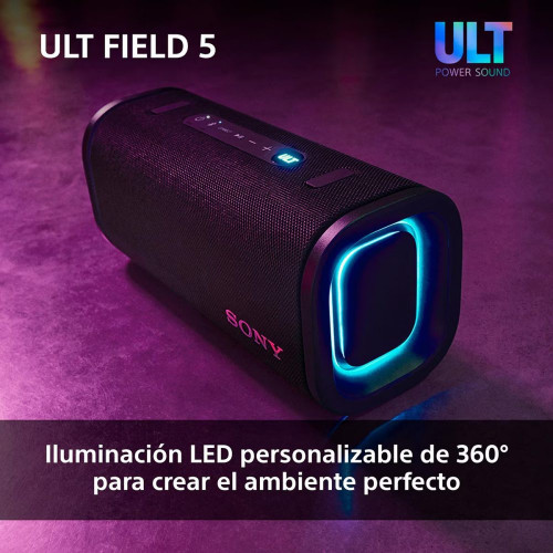 Altavoz portátil Sony ULT FIELD 5 con ULT POWER SOUND, IP67, resistente al agua, polvo y golpes, 25 horas de batería, luces 360, correa desmontable Negro