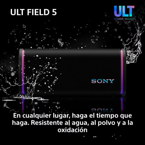 Altavoz portátil Sony ULT FIELD 5 con ULT POWER SOUND, IP67, resistente al agua, polvo y golpes, 25 horas de batería, luces 360, correa desmontable Negro