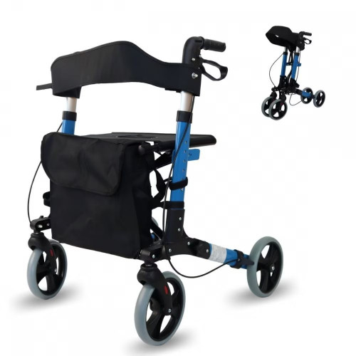 Andador para ancianos Mobiclinic Trajano Aluminio Plegable Frenos en manetas carro de la compra Asiento y respaldo 4 ruedas Celeste