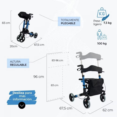 Andador para ancianos Mobiclinic Trajano Aluminio Plegable Frenos en manetas carro de la compra Asiento y respaldo 4 ruedas Celeste