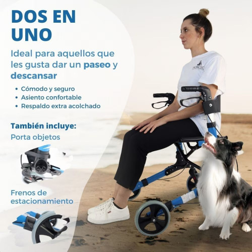 Andador para ancianos Mobiclinic Trajano Aluminio Plegable Frenos en manetas carro de la compra Asiento y respaldo 4 ruedas Celeste