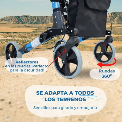 Andador para ancianos Mobiclinic Trajano Aluminio Plegable Frenos en manetas carro de la compra Asiento y respaldo 4 ruedas Celeste