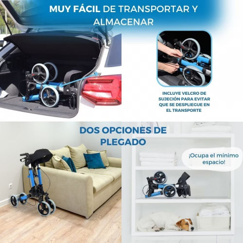 Andador para ancianos Mobiclinic Trajano Aluminio Plegable Frenos en manetas carro de la compra Asiento y respaldo 4 ruedas Celeste
