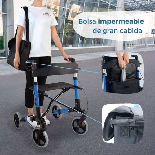 Andador para ancianos Mobiclinic Trajano Aluminio Plegable Frenos en manetas carro de la compra Asiento y respaldo 4 ruedas Celeste