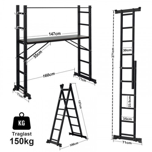 Andamio plegable, altura máxima de trabajo de 2,76 m, negro