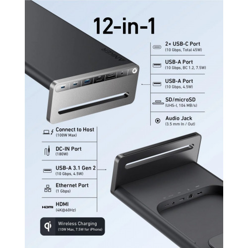 Anker 675 USB-C Docking Station (12-in-1, Monitor Stand, Wireless)