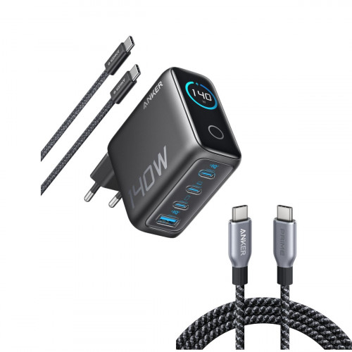 Anker Laptop Charger (140W, 4-Port, PD 3.1) with USB-C Cable and Anker Prime USB-C to USB-C Cable (240W, Upcycled-Braided)