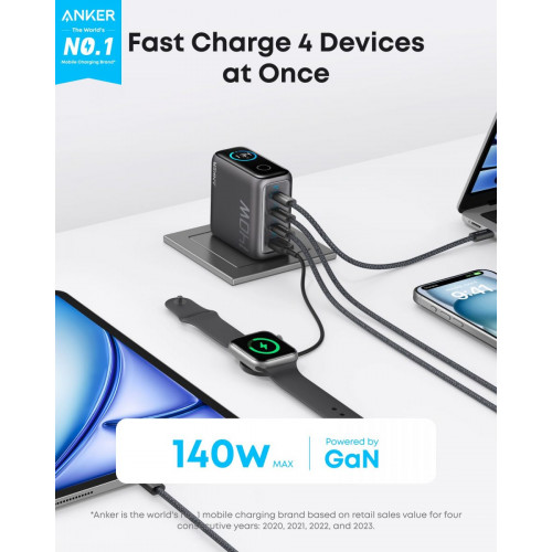 Anker Laptop Charger (140W, 4-Port, PD 3.1) with USB-C Cable and Anker Prime USB-C to USB-C Cable (240W, Upcycled-Braided)