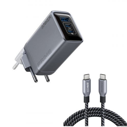 Anker Prime Charger (100W, 3 Ports, GaN) and Anker Prime USB-C to USB-C Cable (240W, Upcycled-Braided)