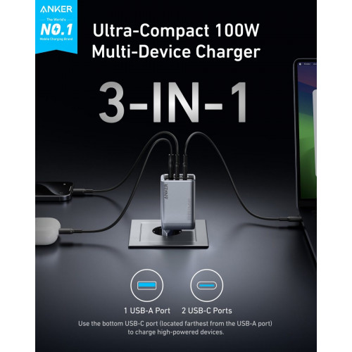 Anker Prime Charger (100W, 3 Ports, GaN) and Anker Prime USB-C to USB-C Cable (240W, Upcycled-Braided)