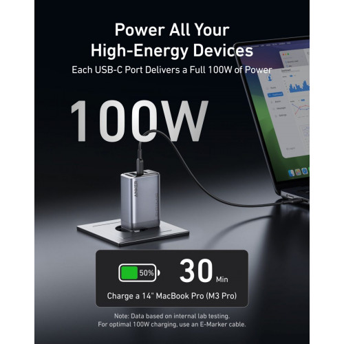 Anker Prime Charger (100W, 3 Ports, GaN) and Anker Prime USB-C to USB-C Cable (240W, Upcycled-Braided)