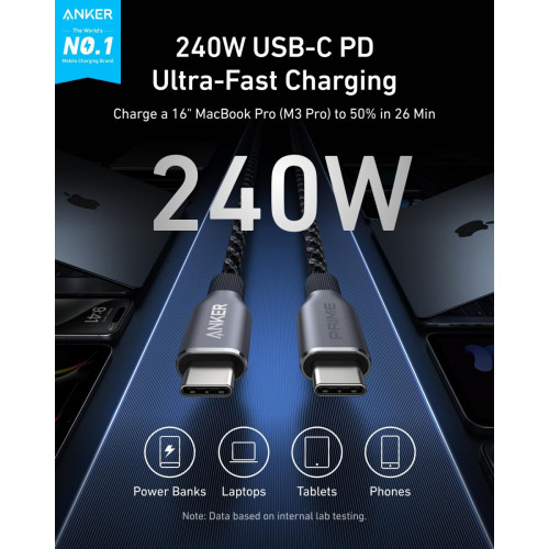 Anker Prime Charger (200W, 6 Ports, GaN) and Anker Prime USB-C to USB-C Cable 240W