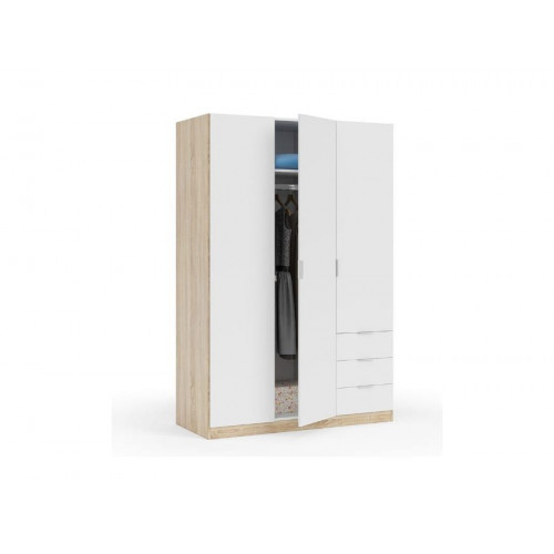 Armario 121x52x180h cm con 3 puertas y 4 estantes roble canadiense y blanco – Acacia