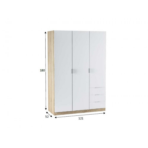 Armario 121x52x180h cm con 3 puertas y 4 estantes roble canadiense y blanco – Acacia
