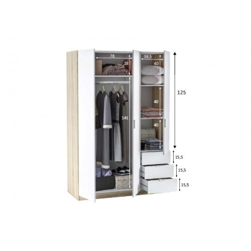 Armario 121x52x180h cm con 3 puertas y 4 estantes roble canadiense y blanco – Acacia
