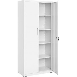 Armario de Almacenamiento de Acero, Armario Multiuso, 5 Baldas Ajustables, 40 x 80 x 180 cm, Puertas Dobles, Cerradura, Blanco Mate