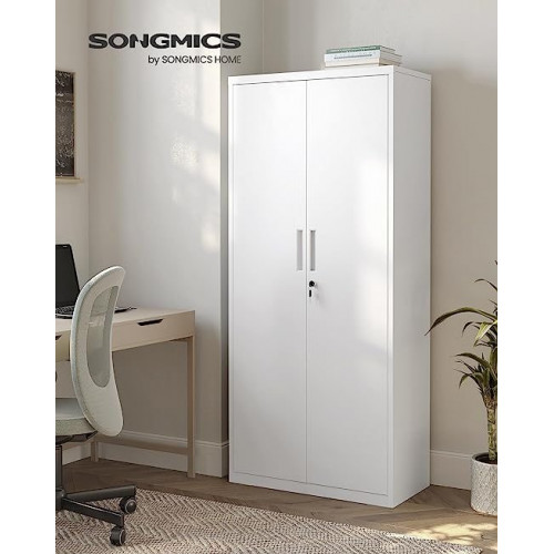 Armario de Almacenamiento de Acero, Armario Multiuso, 5 Baldas Ajustables, 40 x 80 x 180 cm, Puertas Dobles, Cerradura, Blanco Mate