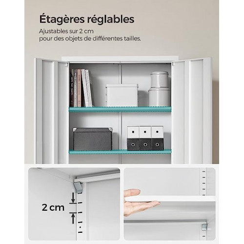 Armario de Almacenamiento de Acero, Armario Multiuso, 5 Baldas Ajustables, 40 x 80 x 180 cm, Puertas Dobles, Cerradura, Blanco Mate