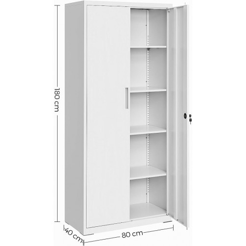 Armario de Almacenamiento de Acero, Armario Multiuso, 5 Baldas Ajustables, 40 x 80 x 180 cm, Puertas Dobles, Cerradura, Blanco Mate