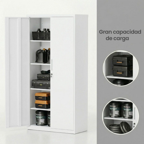 Armario de Almacenamiento de Acero, Armario Multiuso, 5 Baldas Ajustables, 40 x 80 x 180 cm, Puertas Dobles, Cerradura, Blanco Mate