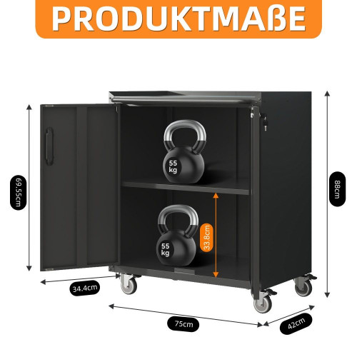 Armario de Almacenamiento Metálico Resistente con Ruedas – 75x42x88 cm, Estantes Ajustables, Con Cerradura, Ideal para Garaje, Oficina y Taller
