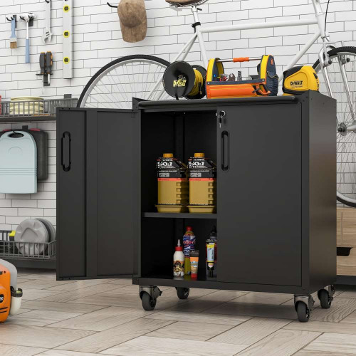 Armario de Almacenamiento Metálico Resistente con Ruedas – 75x42x88 cm, Estantes Ajustables, Con Cerradura, Ideal para Garaje, Oficina y Taller