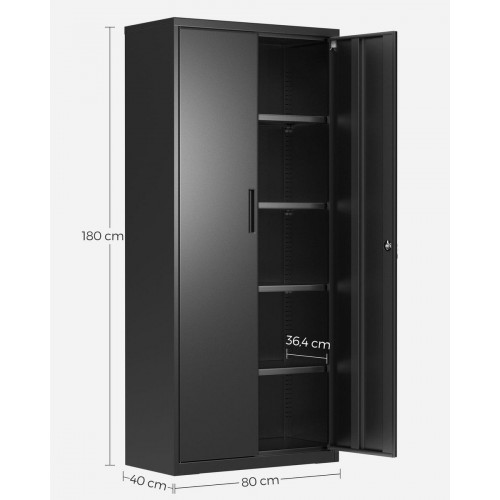 Armario multiuso de acero gris, 5 baldas ajustables, puertas dobles con cerradura, ideal para garaje, estudio, oficina, 40x80x180 cm, negro