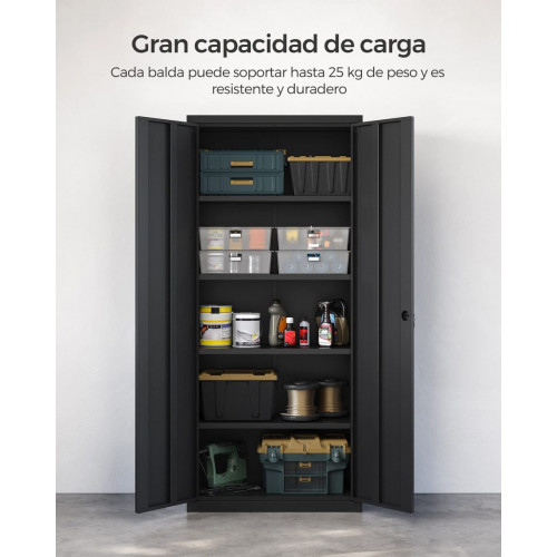 Armario multiuso de acero gris, 5 baldas ajustables, puertas dobles con cerradura, ideal para garaje, estudio, oficina, 40x80x180 cm, negro