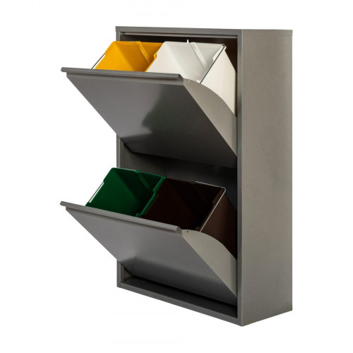 Armario para reciclaje metal 60x92x25cm color gris 2 puertas 4 cubos de 15L