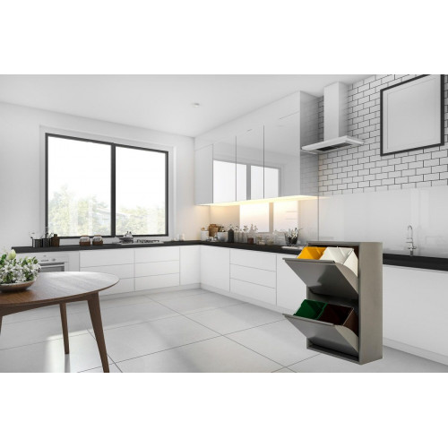 Armario para reciclaje metal 60x92x25cm color gris 2 puertas 4 cubos de 15L