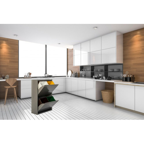 Armario para reciclaje metal 60x92x25cm color gris 2 puertas 4 cubos de 15L
